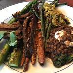 Roasted vegetables with mushroom bacon, lentils, kitchari at Elf Cafe in Echo Park