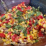 Sweet corn and Jimmy Nardello peppers, basil, cotija