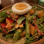 Kerabu salad with snap peas and soft-boiled egg with sambal tumis at Rasarumah in Filipinotown